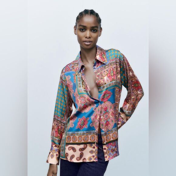 ZARA Patchwork scarf  Print Satin Effect Shirt buttondown blouse boho 70’s Sz M - Picture 1 of 11